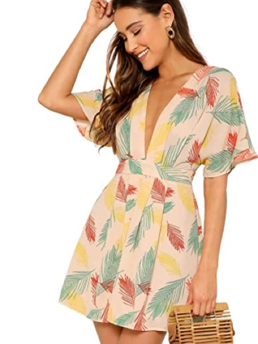 Tropical V-Neck Flutter Sleeve Dress in Pastel Leaf Print